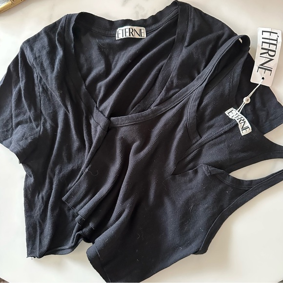 NWT Eterne Crop Bundle Tank Top + short sleeve V neck Black size XS